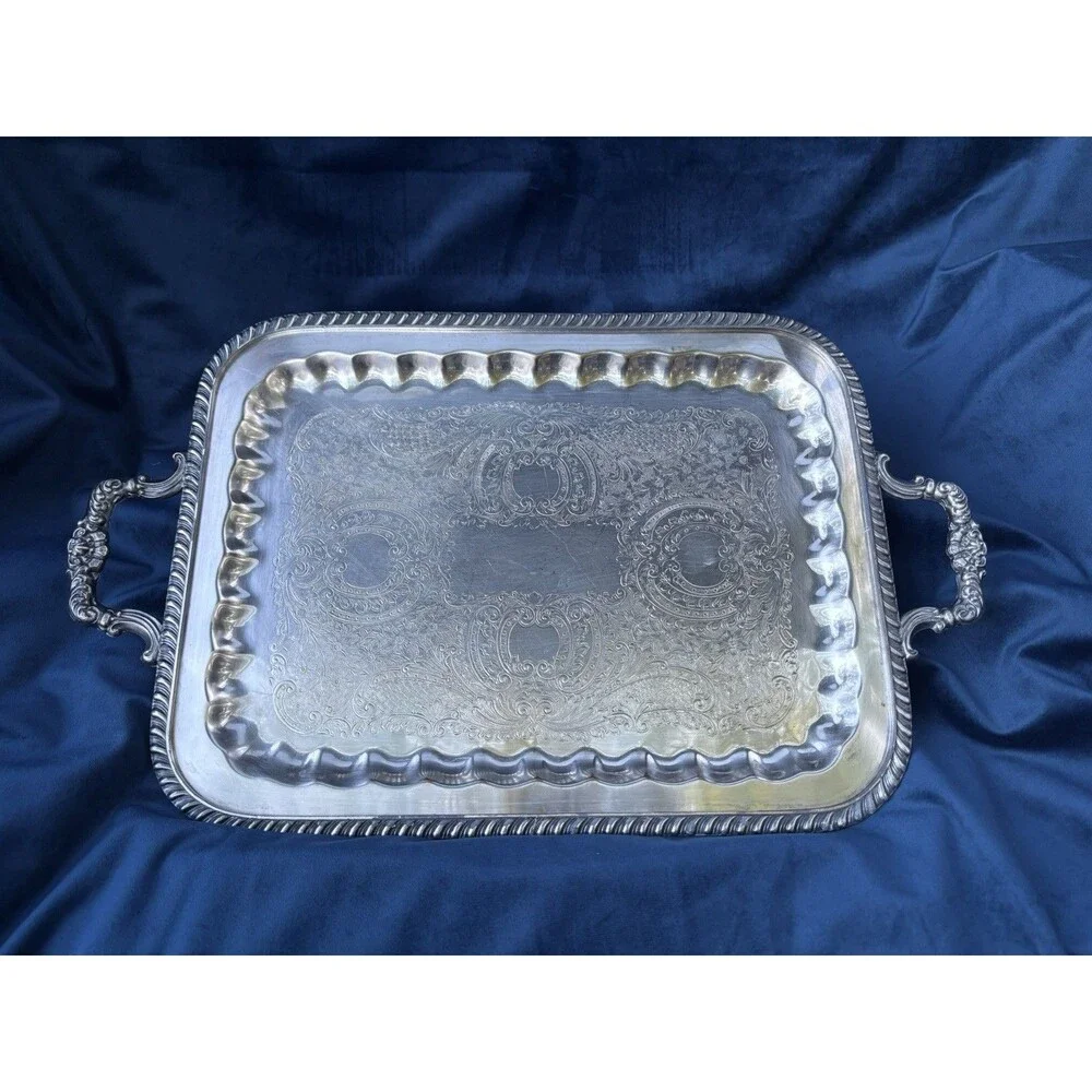 Vintage F.B. Rogers Silver Co 1460 Silver on Copper Serving Tray wOrnate Handles